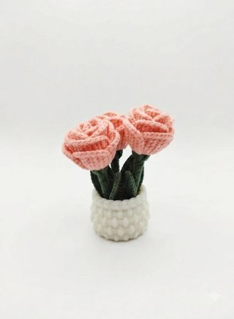 Kales01 Amigurumi Mini Gül Saksısı Dekoratif Biblo Pembe 5x10 cm