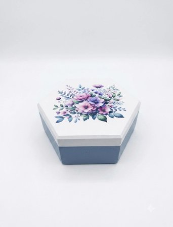Kales01 Ahşap Takı Kutusu Altıgen Dekoratif Çiçekli Aksesuar Düzenleyici 17x15x7 cm