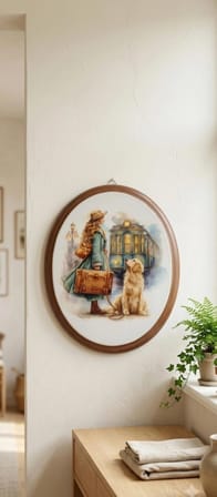 Yolculuk Temalı Ahşap Oval Tablo - Köpekli Kadın Sanat Baskılı Duvar Dekoru (15x25 cm)