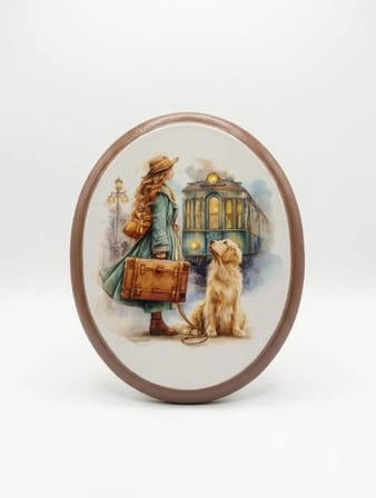 Yolculuk Temalı Ahşap Oval Tablo - Köpekli Kadın Sanat Baskılı Duvar Dekoru (15x25 cm)