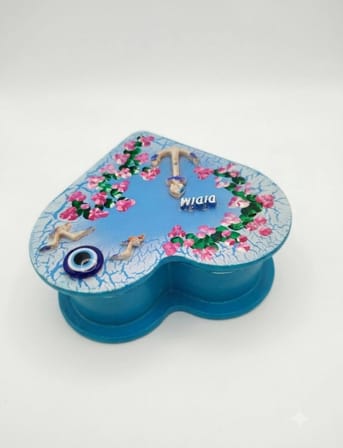 El Yapımı Didim Temalı Kalp Şeklinde Ahşap Takı ve Hatıra Kutusu - 15x15x7 cm