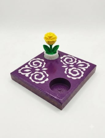 Kales01 Dekoratif Fener Mumluk Ahşap Mor 13x13 cm 3D Yapay Gül