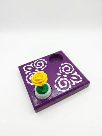 Kales01 Dekoratif Fener Mumluk Ahşap Mor 13x13 cm 3D Yapay Gül