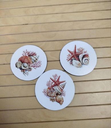 Kales01 Ahşap Bardak Altlığı Yuvarlak Deniz Temalı 3'lü Set 10 cm