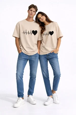 Sevgili Kombini Kalp Ritmi Baskılı Çift Tişört Oversize Unisex Partner Kombin Çift Seti