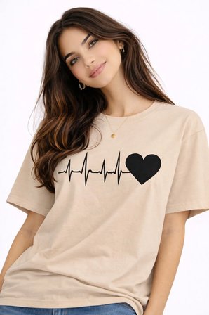 Sevgili Kombini Kalp Ritmi Baskılı Çift Tişört Oversize Unisex Partner Kombin Çift Seti