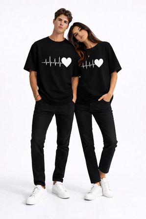 Sevgili Kombini Kalp Ritmi Baskılı Çift Tişört Oversize Unisex Partner Kombin Çift Seti