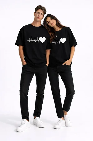 Sevgili Kombini Kalp Ritmi Baskılı Çift Tişört Oversize Unisex Partner Kombin Çift Seti