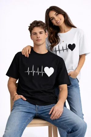 Sevgili Kombini Kalp Ritmi Baskılı Çift Tişört Oversize Unisex Partner Kombin Çift Seti