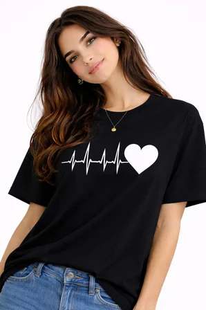 Sevgili Kombini Kalp Ritmi Baskılı Çift Tişört Oversize Unisex Partner Kombin Çift Seti