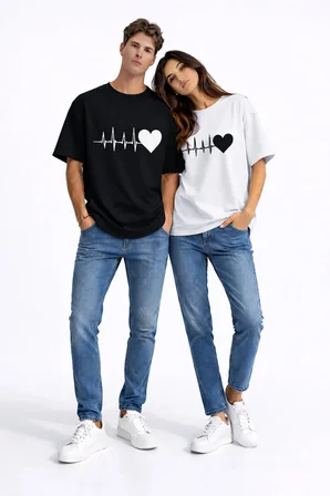 Sevgili Kombini Kalp Ritmi Baskılı Çift Tişört Oversize Unisex Partner Kombin Çift Seti