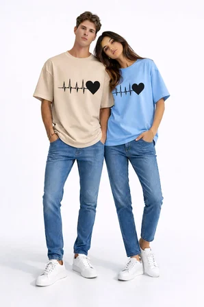 Sevgili Kombini Kalp Ritmi Baskılı Çift Tişört Oversize Unisex Partner Kombin Çift Seti