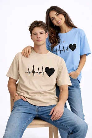 Sevgili Kombini Kalp Ritmi Baskılı Çift Tişört Oversize Unisex Partner Kombin Çift Seti
