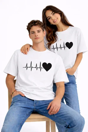 Sevgili Kombini Kalp Ritmi Baskılı Çift Tişört Oversize Unisex Partner Kombin Çift Seti