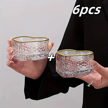 6'lı Cam Kalp Gold Desenli Magnolia-çerezlik Sunumluk Kasesi