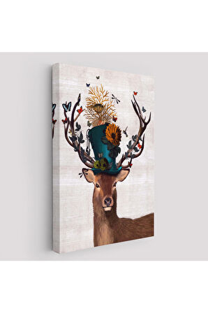 Sürreal Şapkalı Geyik Dekoratif Duvar Yüksek Kaliteli Kanvas Canvas Tablo