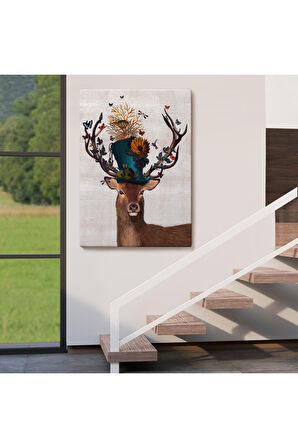 Sürreal Şapkalı Geyik Dekoratif Duvar Yüksek Kaliteli Kanvas Canvas Tablo