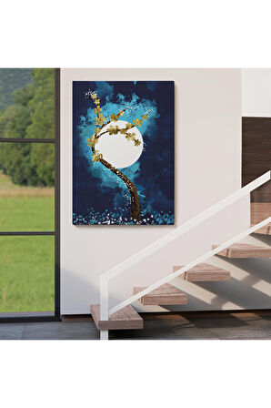 Altın Çiçekli Ağaç ve Ve Ay Kanva Tablo, Soyut Çağdaş Sanat Örneği