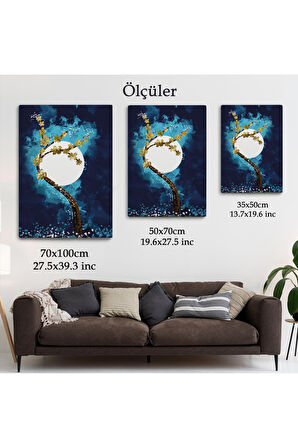 Altın Çiçekli Ağaç ve Ve Ay Kanva Tablo, Soyut Çağdaş Sanat Örneği