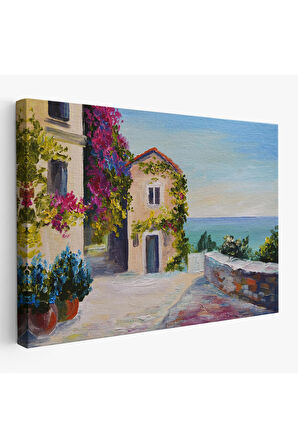 Santorinide Deniz Manzaralı Ev Kanvas Duvar Tablosu