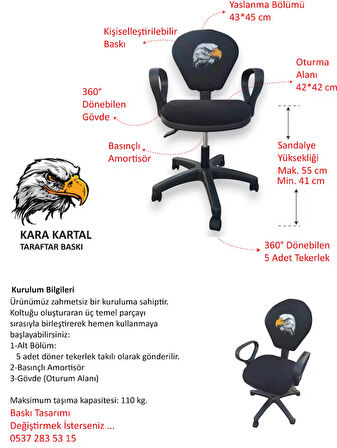 Kara Kartal Desenli Taraftar Baskılı Çocuk Odası Ders Çalışma Ofis Koltuğu Bilgisayar Sandalyesi