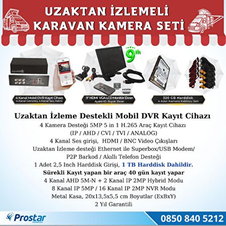 Karavan 1 TB Harddiskli 9 inç Hdmi Monitörlü 4 Kameralı Uzaktan İzlemeli Kayıtlı Kamera Seti 