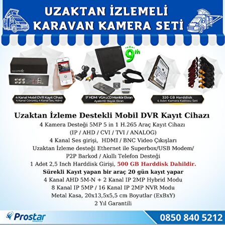 Uzaktan İzlemeli Karavan Kamera Seti 4 Kameralı 500 GB Harddisk Dahil Kayıtlı 9 inç Hdmi Ekranlı 