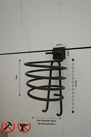 Siyah Yapışkanlı  Kare Fön Askısı Saç Kurutma Makinesi Askısı