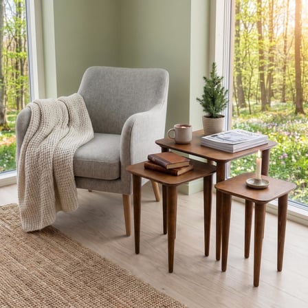 Furnirem 3'lü Ahşap Zigon Sehpa Takımı-Modern Yuvarlatılmış Kare Tasarım-Ceviz Rengi