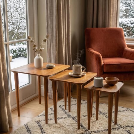 Furnirem 3'lü Ahşap Zigon Sehpa Takımı-Modern Yuvarlatılmış Kare Tasarım-Ceviz Rengi