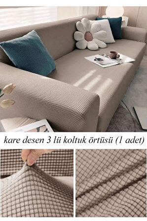 Streç Lastikli Esnek Yikanabilir Kare Desen Berjer Üç Kişilik Koltuk Örtüsü Koltuk Kılıfı (Bir Adet)