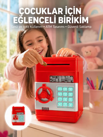 Şifreli Kırmızı Atm Tasarımlı Çelik Kasa Görünümlü Kumbara