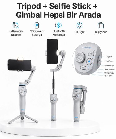 3 Eksen Telefon Gimbal Stabilizer Yapay Zeka Takipli Katlanabilir Dahili Dolgu Işıklı Video Sabitley