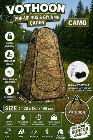 Otomatik Kabin Giyinme Çadırı 120x120x190 Cm Üst Havalandırma Yan Pencereli Duş & Wc Çadırı