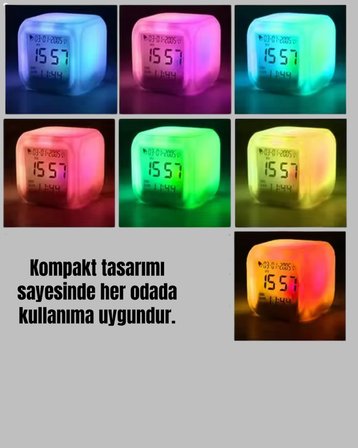 Kronometre Ve Takvim Destekli Renk Değiştiren Led Dijital Küp Saat