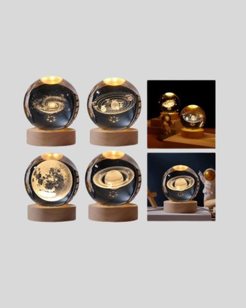 Satürn Desenli Kristal Küre Led Gece Lambası Ahşap Standlı