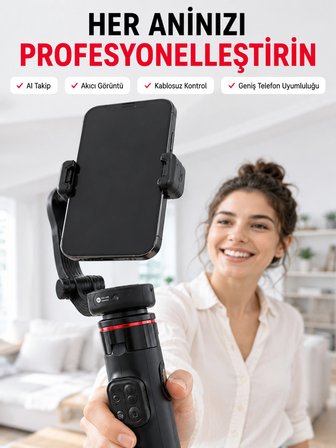 360° Aı Akıllı Takipli Selfie Stick Gimbal Stabilizatör Bluetooth Kumandalı Uzayabilir Telefon Tripo
