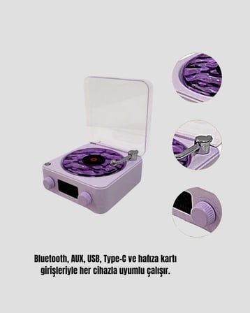 Projektör Işıklı Retro Hoparlör Bluetooth Aux Usb Hafıza Kartlı 360° Sesli Şarjlı