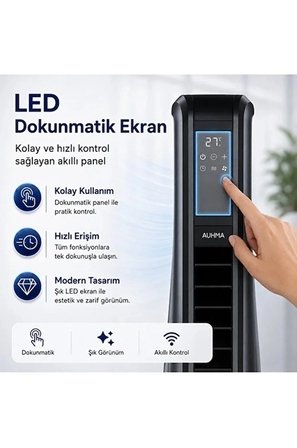 Turbo Smart Akıllı Fan Led Ekranlı Kumandalı 90° Hareketli Serinletici Soğutucu Kule Tipi Vantilatör