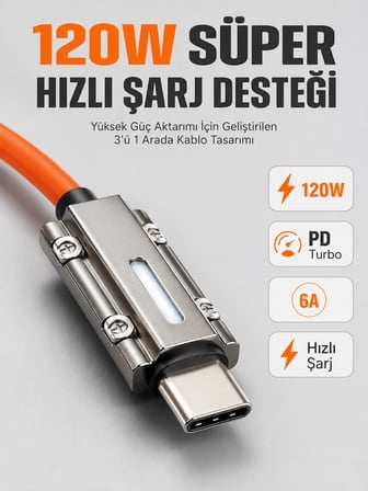 Led Göstergeli 120w Pd Turbo Destekli Premium 3'ü 1 Arada Şarj Kablosu