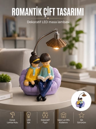 Romantik Çift Figürlü Okuyan Çift Masa Lambası Dekoratif Led Aydınlatma