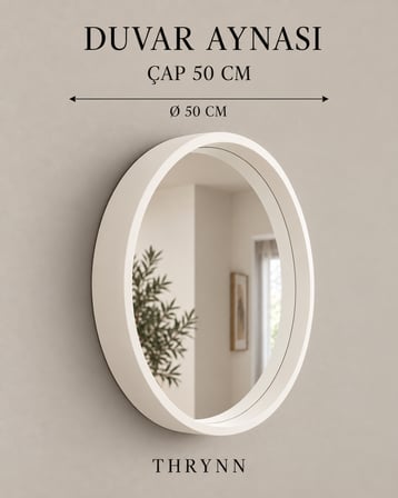 Dekoratif Duvar Aynası Yuvarlak Beyaz Çerçeveli 50cm Şifonyer ve Makyaj Masası Üstü