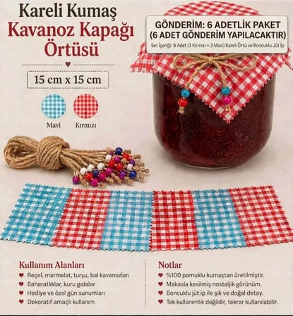 Kavanoz Kapağı Örtüsü 6’lı Set Jüt Boncuk İpli Mavi Kırmızı Dekoratif Kavanoz Örtüsü