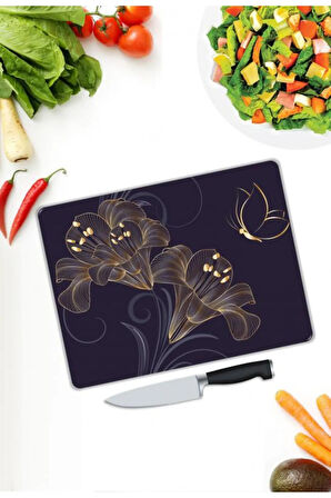 Çiçek Desen Cam Kesme Tablası | Hediyelik, Dekoratif, Ofis, Mutfak