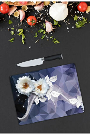 Çiçek Desen Cam Kesme Tablası | Hediyelik, Dekoratif, Ofis, Mutfak