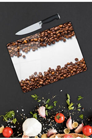 Kahve Çekirdeği Desenli Cam Kesme Tablası | Hediyelik, Dekoratif, Ofis, Mutfak