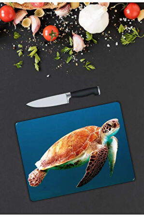 Deniz Kaplumbağası Desen Cam Kesme Tablası | Hediyelik, Dekoratif, Ofis, Mutfak