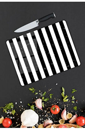 Siyah Beyaz Şerit Desen Cam Kesme Tablası | Hediyelik, Dekoratif, Ofis, Mutfak