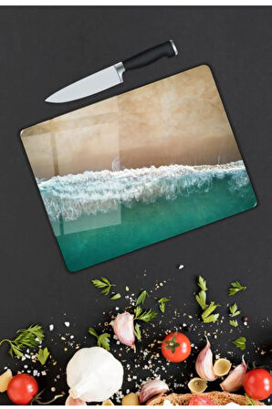 Deniz Desen Cam Kesme Tablası | Hediyelik, Dekoratif, Ofis, Mutfak