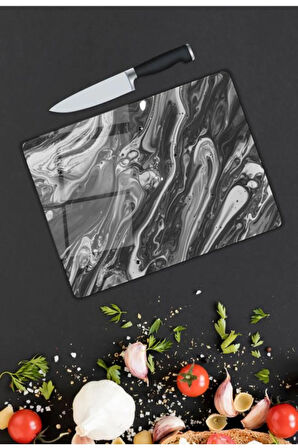 Gri Mermer Desen Cam Kesme Tablası | Hediyelik, Dekoratif, Ofis, Mutfak